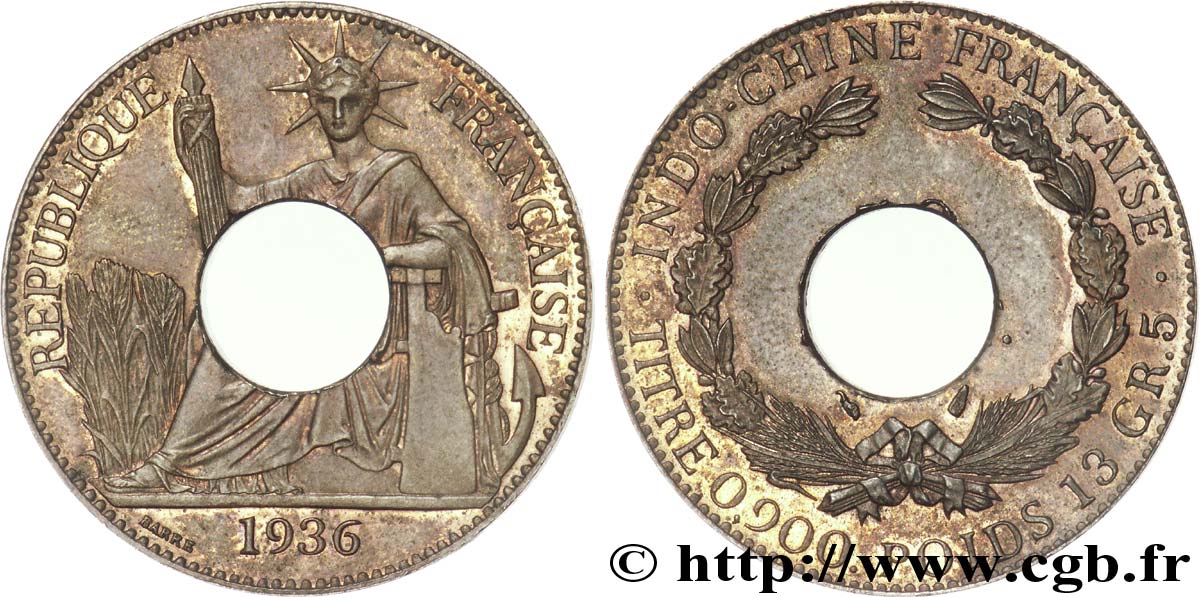 III REPUBLIC - INDOCHINE Essai de 1 cent (?) en bronze, sans le mot ESSAI, aux coins de la 50 cent 1936 Paris VZ 