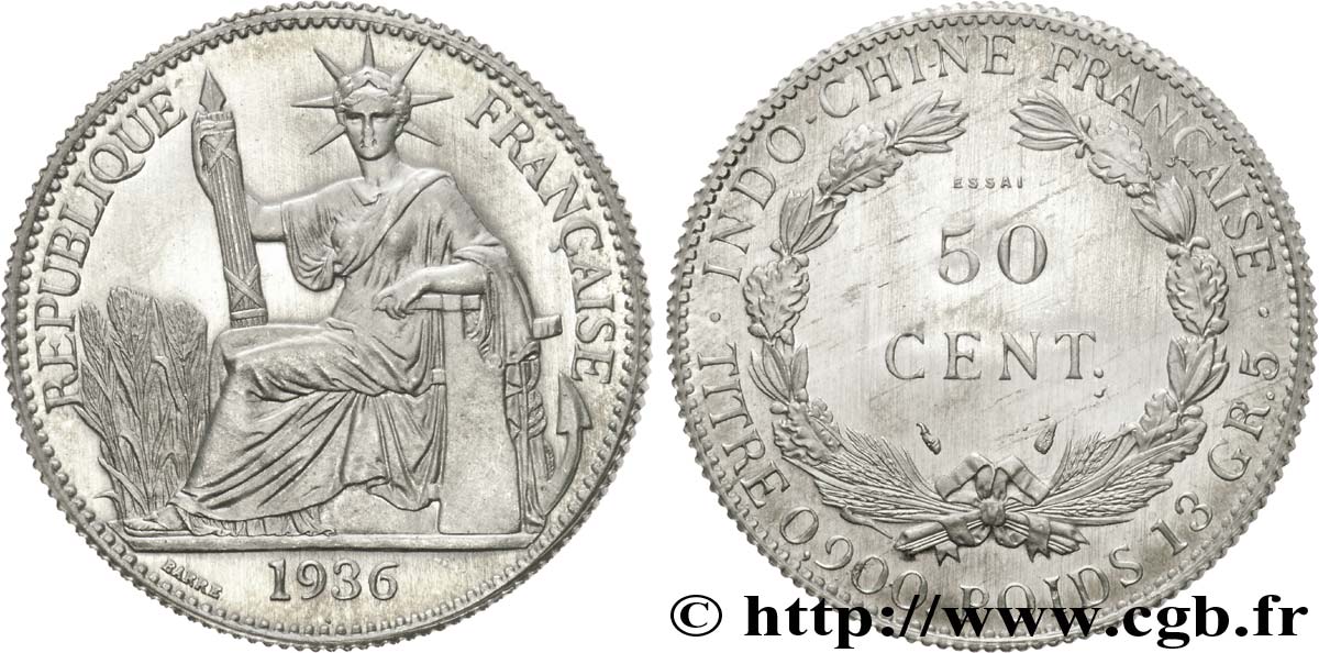 III REPUBLIC - INDOCHINE Essai 50 cent en aluminium, léger 1936 Paris FDC 