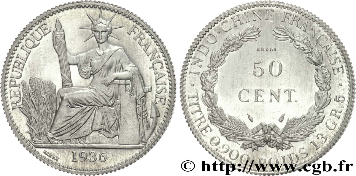 III REPUBLIC - INDOCHINE Essai 50 cent en aluminium, lourd 1936 Paris FDC 