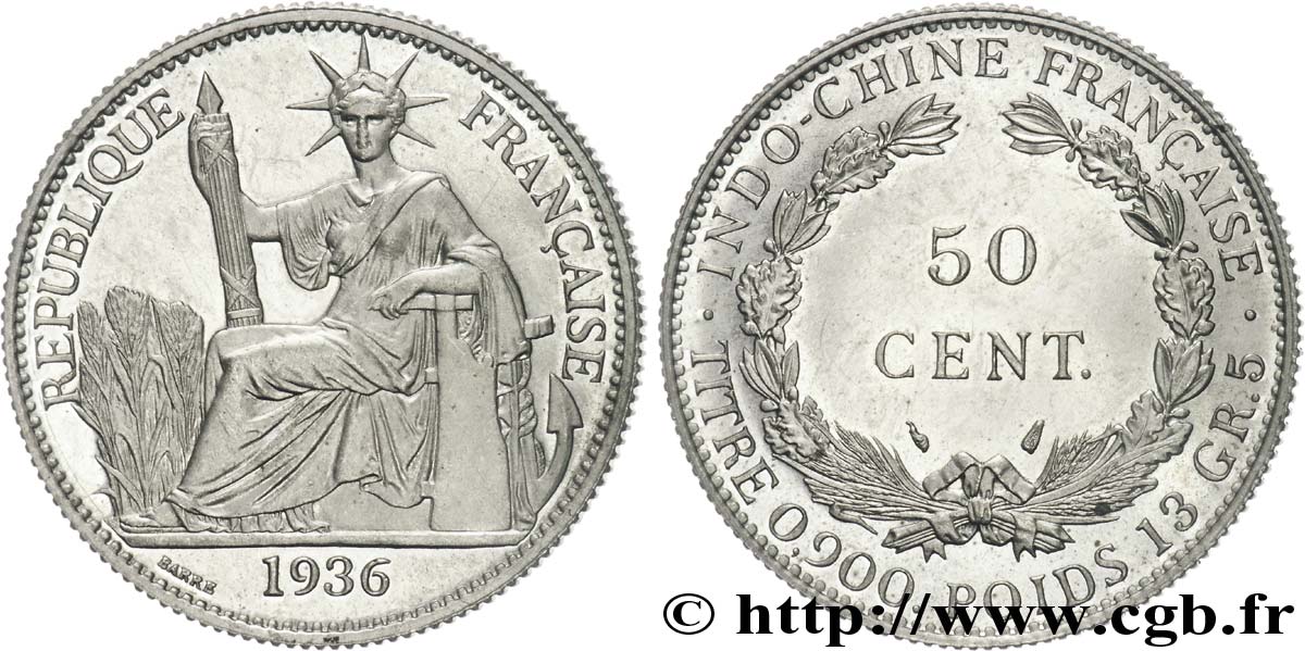III REPUBLIC - INDOCHINE Pré-série 50 cent en bronze de nickel, sans le mot ESSAI 1936 Paris FDC 
