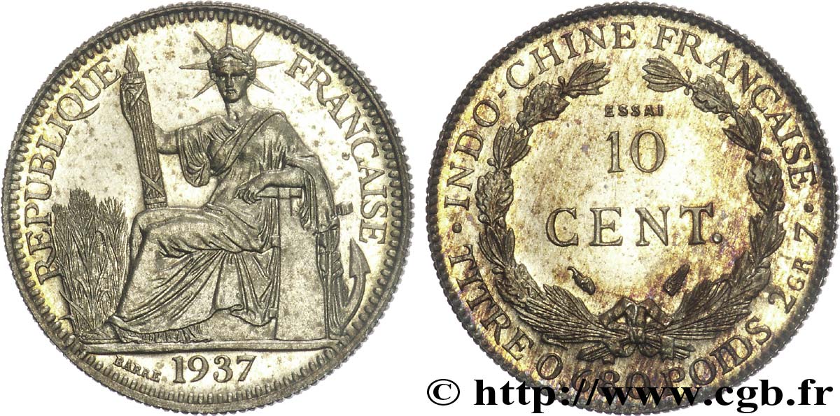 III REPUBLIC - INDOCHINE Essai 10 cent en argent 1937 Paris fST 