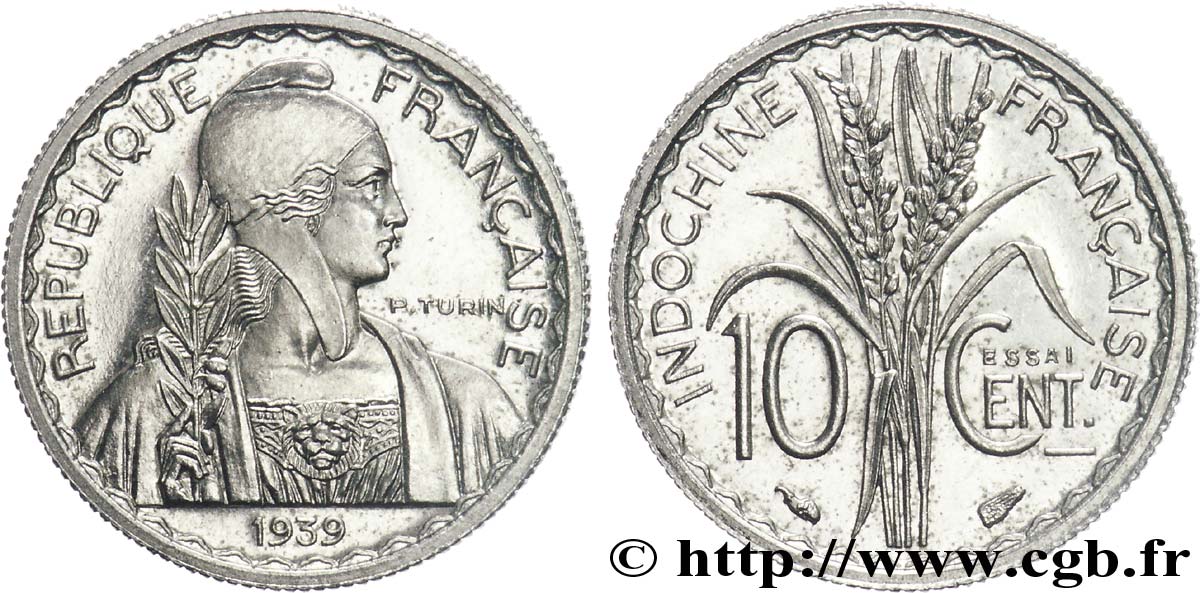 III REPUBLIC - INDOCHINA Essai 10 centimes nickel 1939 Paris MS 