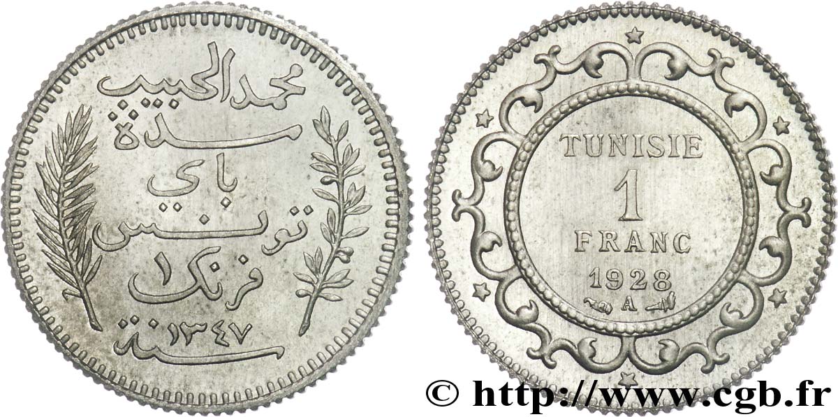 THIRD REPUBLIC - TUNISIA - FRENCH PROTECTORATE Épreuve de 1 franc en cupro-nickel, lourde 1928 Paris MS 