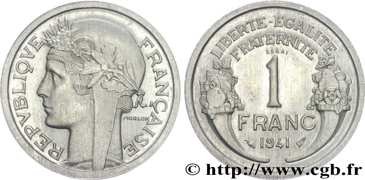 Essai en aluminium de 1 franc Morlon, léger 1941 Paris F.221/1 fST 