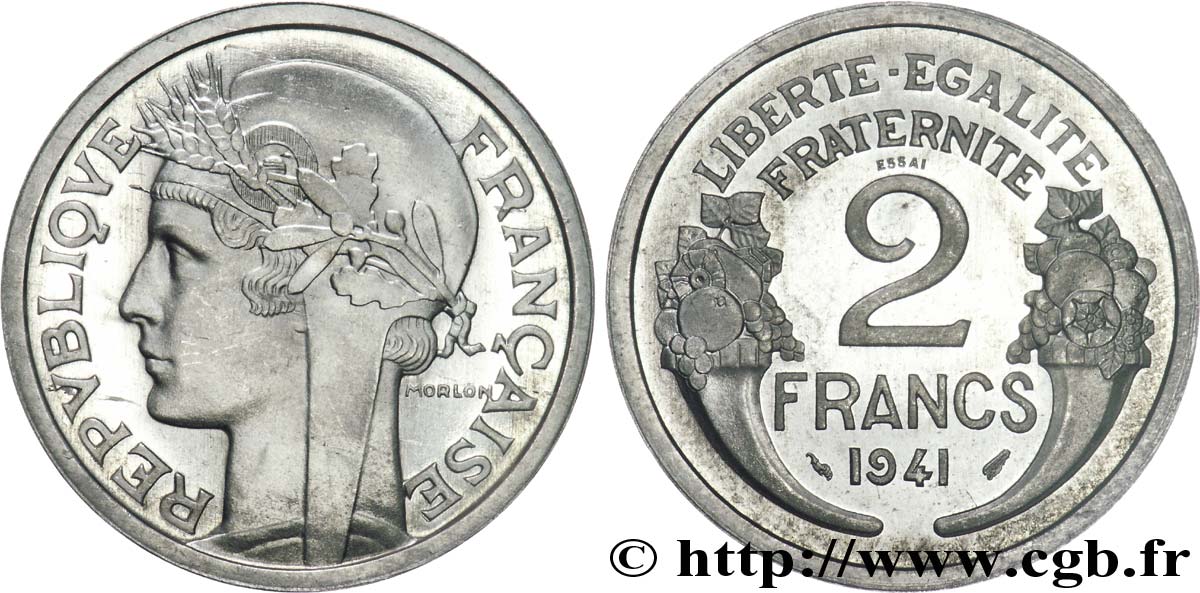 Essai en aluminium de 2 francs Morlon, lourd 1941 Paris F.269/1 MS 