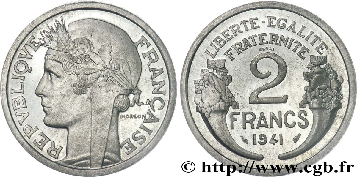 Essai en aluminium de 2 francs MORLON, très lourd 1941 Paris F.269/1 fST 