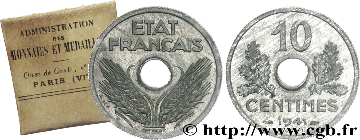 Essai de 10 centimes, État français, grand module 1941 Paris F.141/1 SUP 