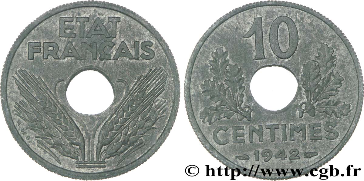 10 centimes, État français, grand module, frappe courante 1942 Paris F.141/4 SUP 