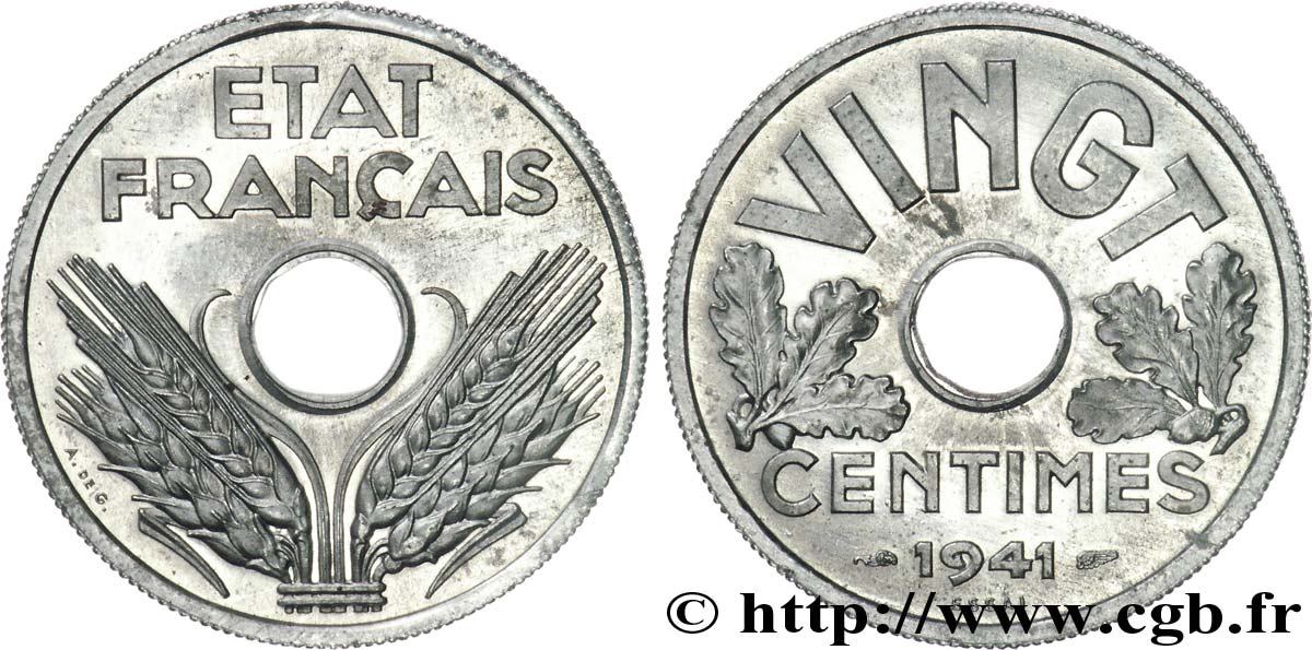 Essai de VINGT centimes État français 1941 Paris F.152/1 fST 