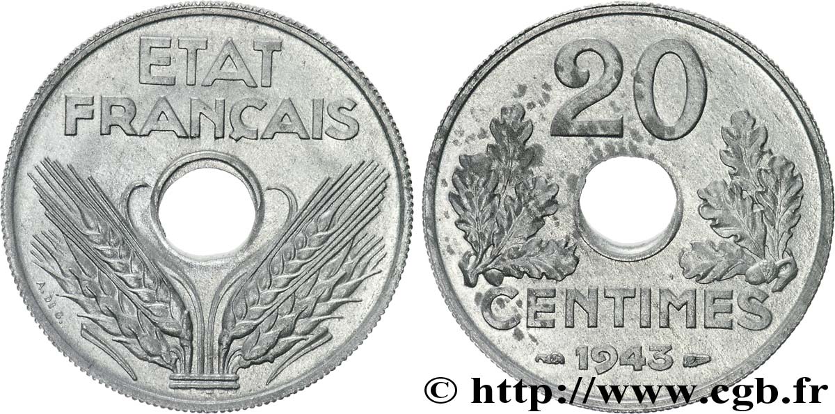 20 centimes État français, frappe courante 1943 Paris F.153A/1 MS 