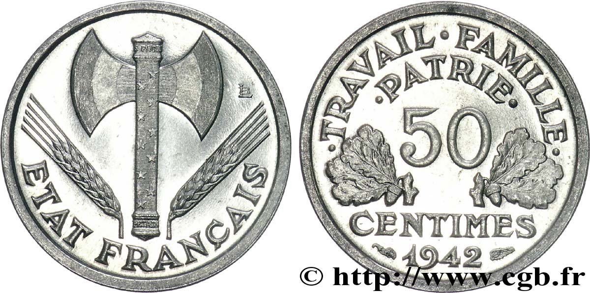 50 centimes Francisque, lourde, frappe courante 1942 Paris F.195/3 MS 