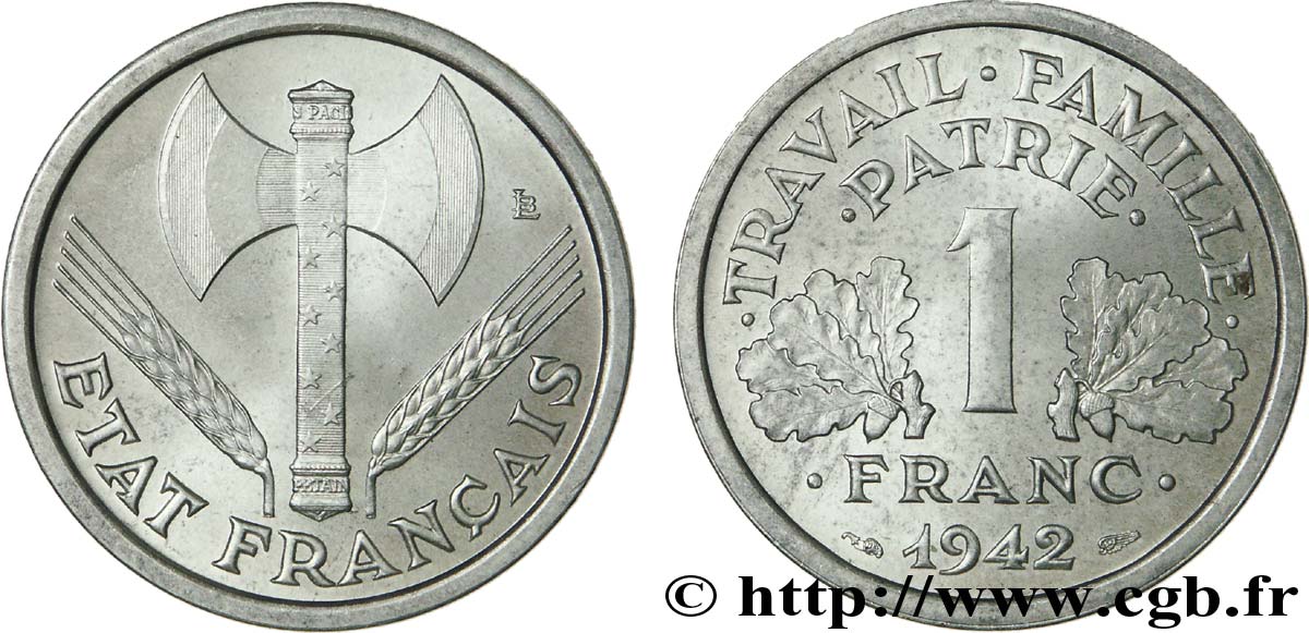 1 Franc Francisque, lourde, frappe courante,  1942 Paris F.222/3 SPL 