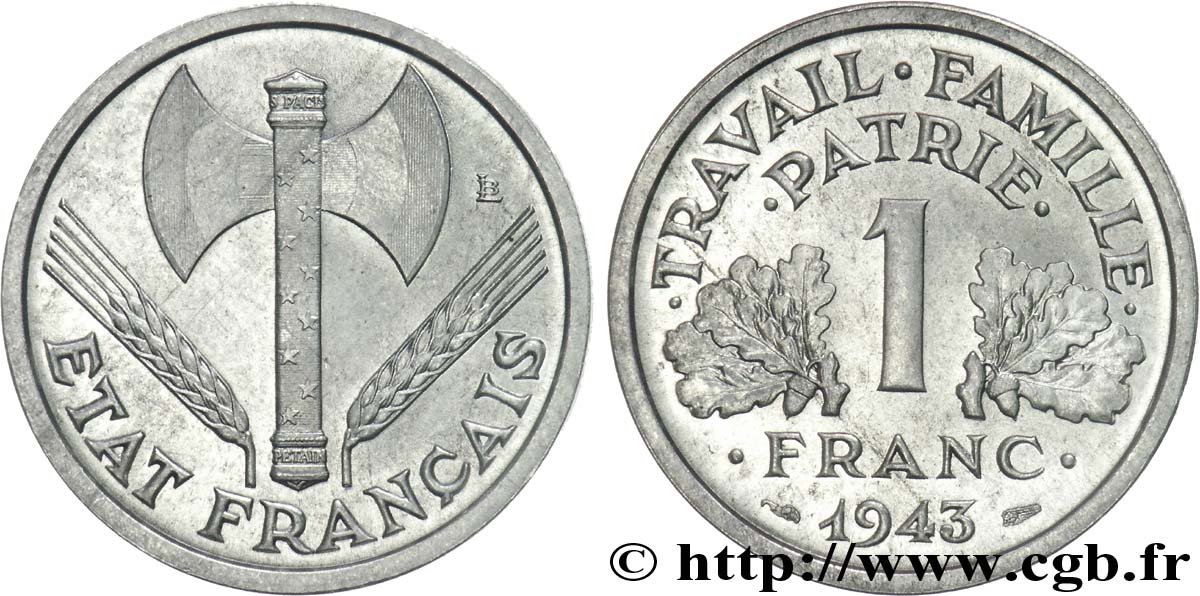 1 Franc Francisque, légère, frappe courante 1943 Paris F.223/3 fST 