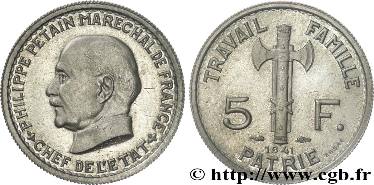 Essai de 5 francs Pétain 1941 Paris F.338/1 EBC 