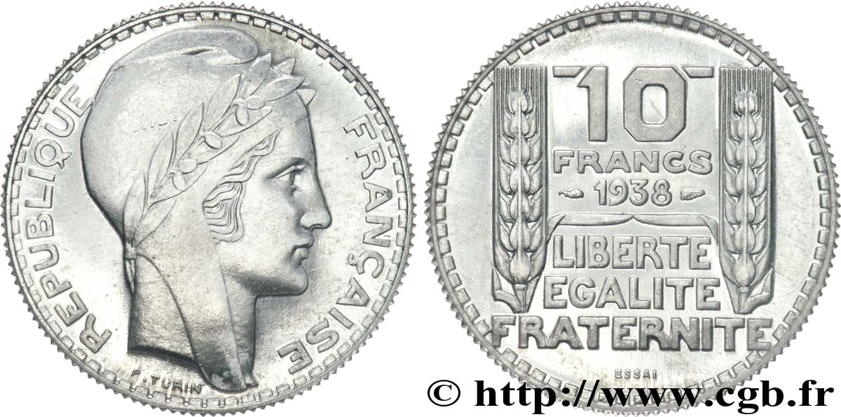 Préparation de la 10 francs Pétain, type Turin, essai en aluminium, tranche striée, léger 1938 Paris VG.cf. 5489 c MS 