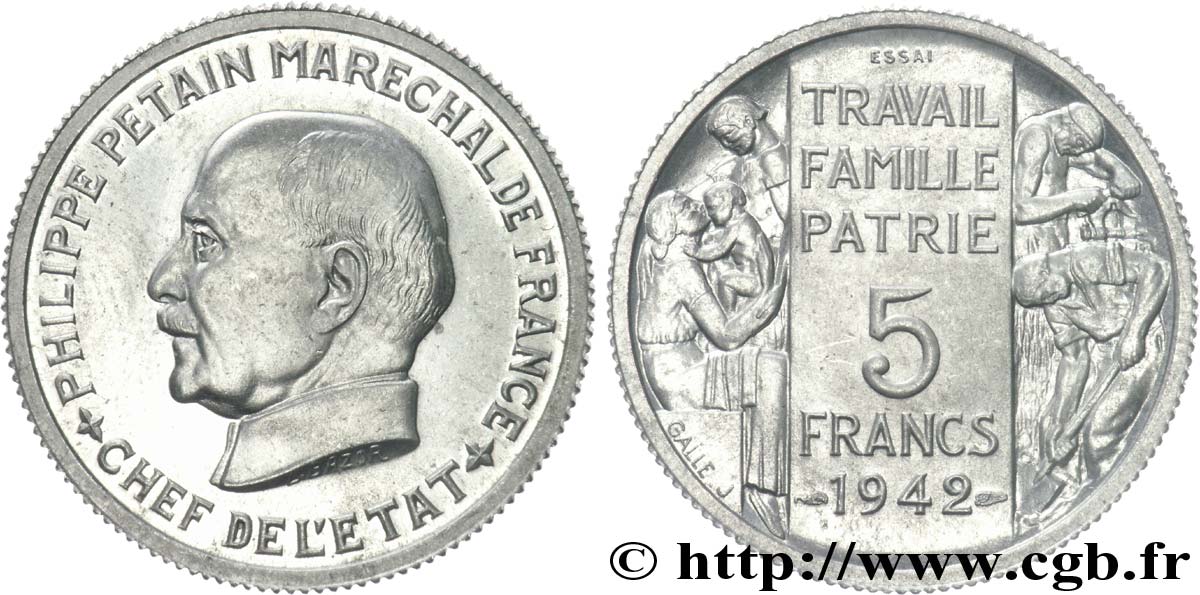 Essai grand module de 5 francs Pétain en Aluminium de Bazor et Galle 1942 Paris VG.5610  MS 