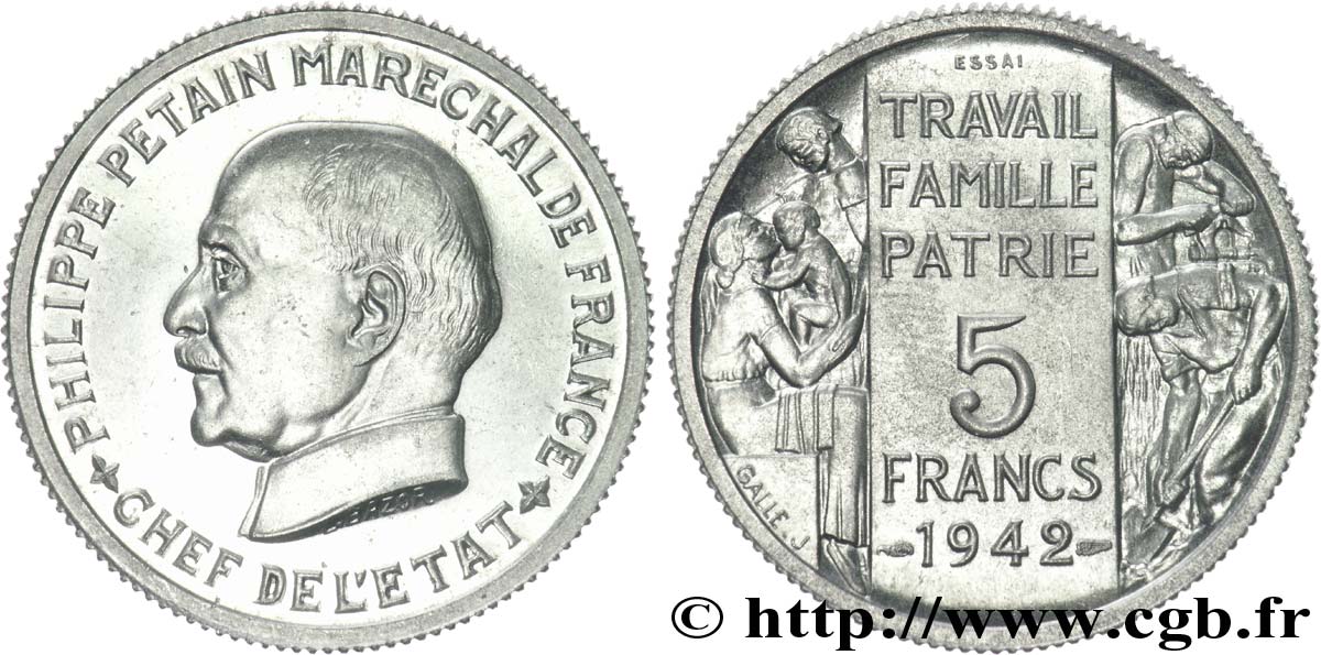 Essai grand module de 5 francs Pétain en Aluminium de Bazor et Galle 1942 Paris VG.5610  SPL 