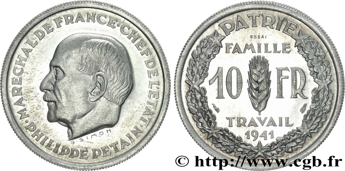 Essai de 10 francs Pétain en aluminium de Simon, poids moyen 1941 Paris VG.5571  FDC 