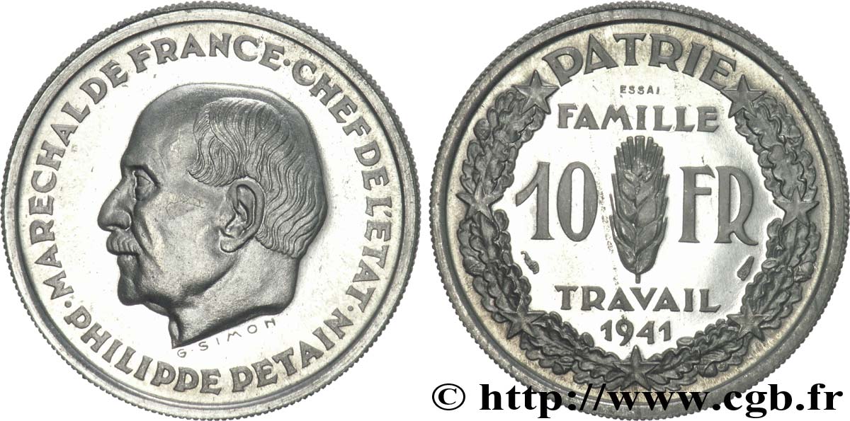 Essai de 10 francs Pétain en aluminium de Simon, lourd 1941 Paris VG.5571  MS 