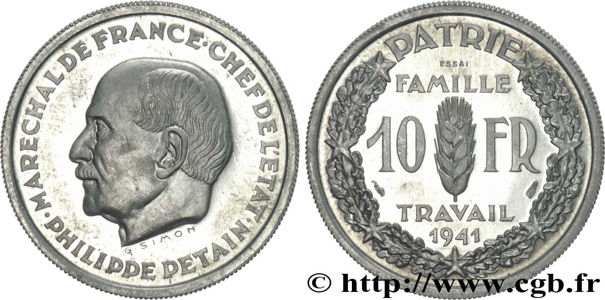 Essai de 10 francs Pétain en aluminium de Simon, léger 1941 Paris VG.5571  MS 