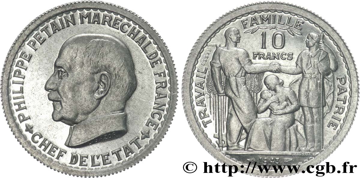 Essai de 10 Francs Pétain en aluminium de Bazor/Vézien 1943 Paris G.809 var AU 