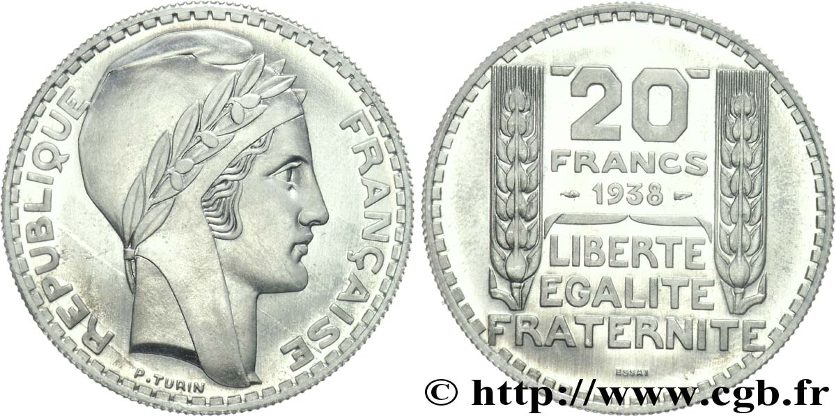 Préparation de la 20 francs Pétain, type Turin, essai en aluminium, tranche striée, 4,5 g 1938 Paris VG.cf. 5489 B MS 