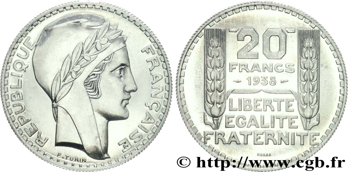Préparation de la 20 francs Pétain, type Turin, essai en aluminium, tranche striée, 5 g 1938 Paris VG.cf. 5489 B FDC 