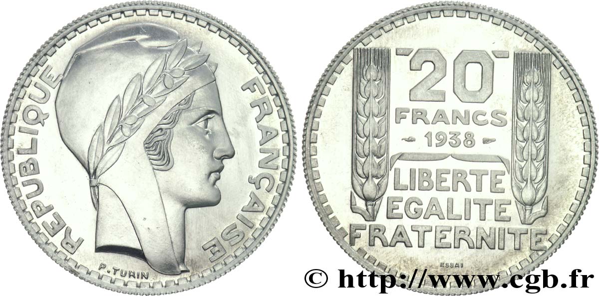 Préparation de la 20 francs Pétain, type Turin, essai en aluminium, tranche striée, 5,30 g 1938 Paris VG.cf. 5489 B SC 