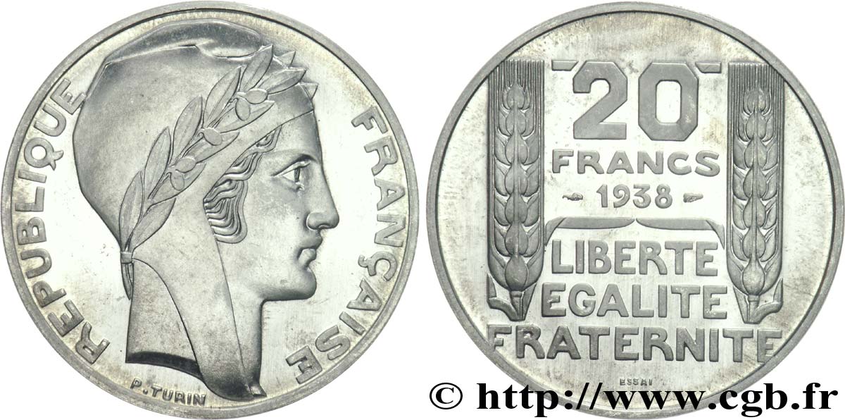 Préparation de la 20 francs Pétain, type Turin, essai, tranche lisse en aluminium, 3,6 g 1938 Paris VG.5489  b MS 