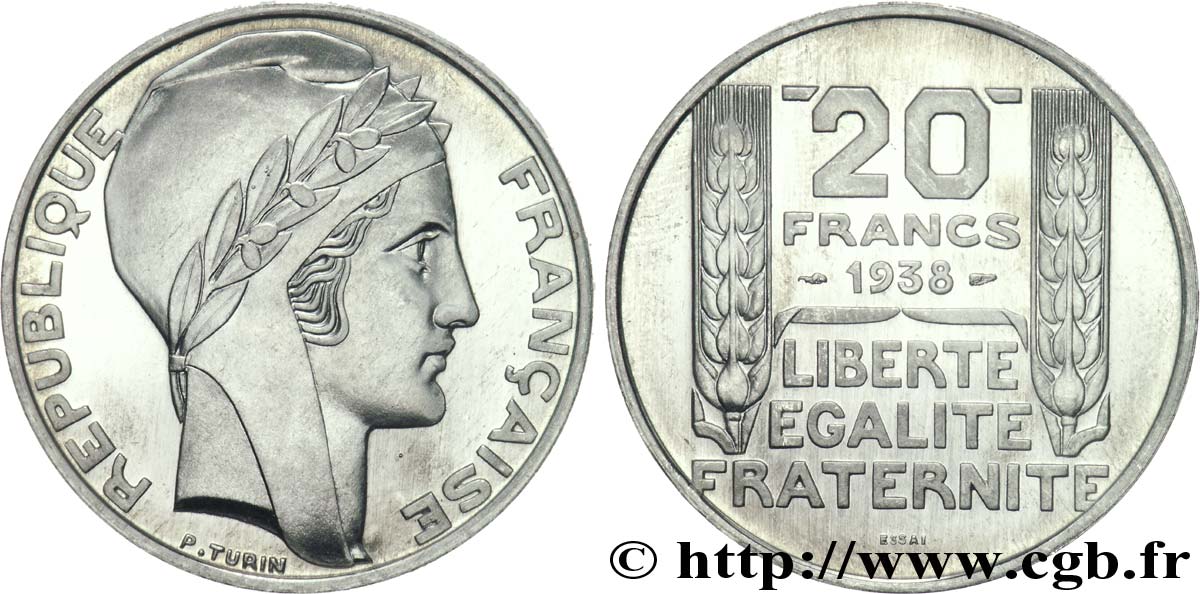 Préparation de la 20 francs Pétain, type Turin, essai en aluminium, tranche lisse, 5 g 1938 Paris VG.5489  b MS 