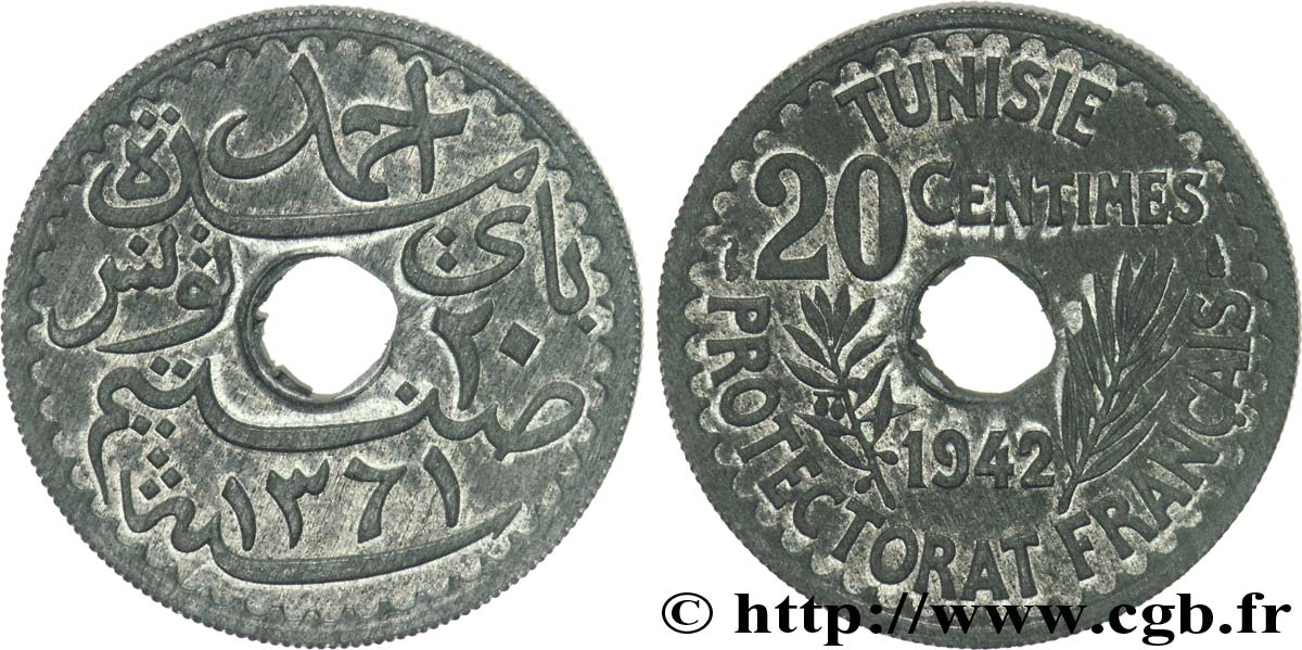TUNISIE - PROTECTORAT FRANÇAIS 20 centimes, frappe courante 1942 Paris SPL 