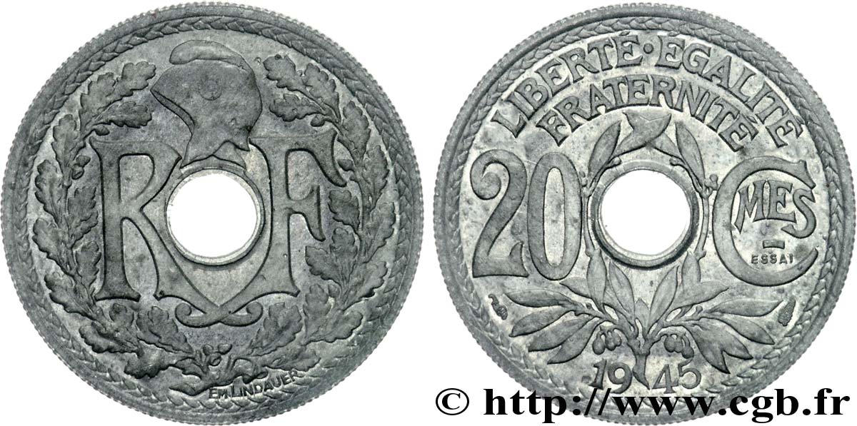 Essai de 20 centimes Lindauer en zinc 1945 Paris F.155/1 SPL 