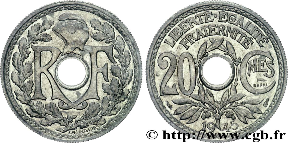 Essai de 20 centimes Lindauer en zinc, lourd ? 1945 Paris F.155/1 FDC 