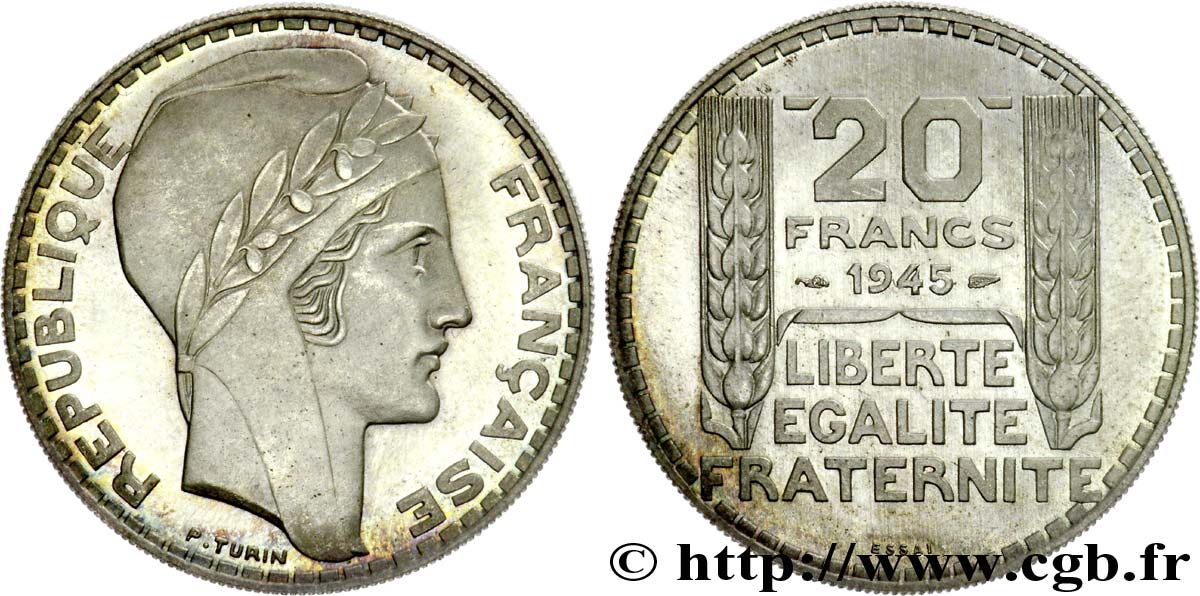 Essai de 20 francs Turin en argent, rameaux courts, léger 1945 Paris Maz.cf. 2745  SC 