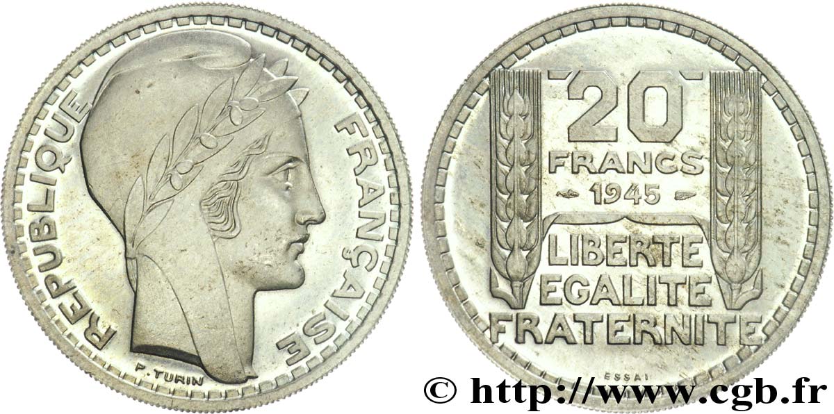 Essai de 20 francs Turin en cupro-nickel, rameaux longs 1945 Paris Maz.2745  SC 