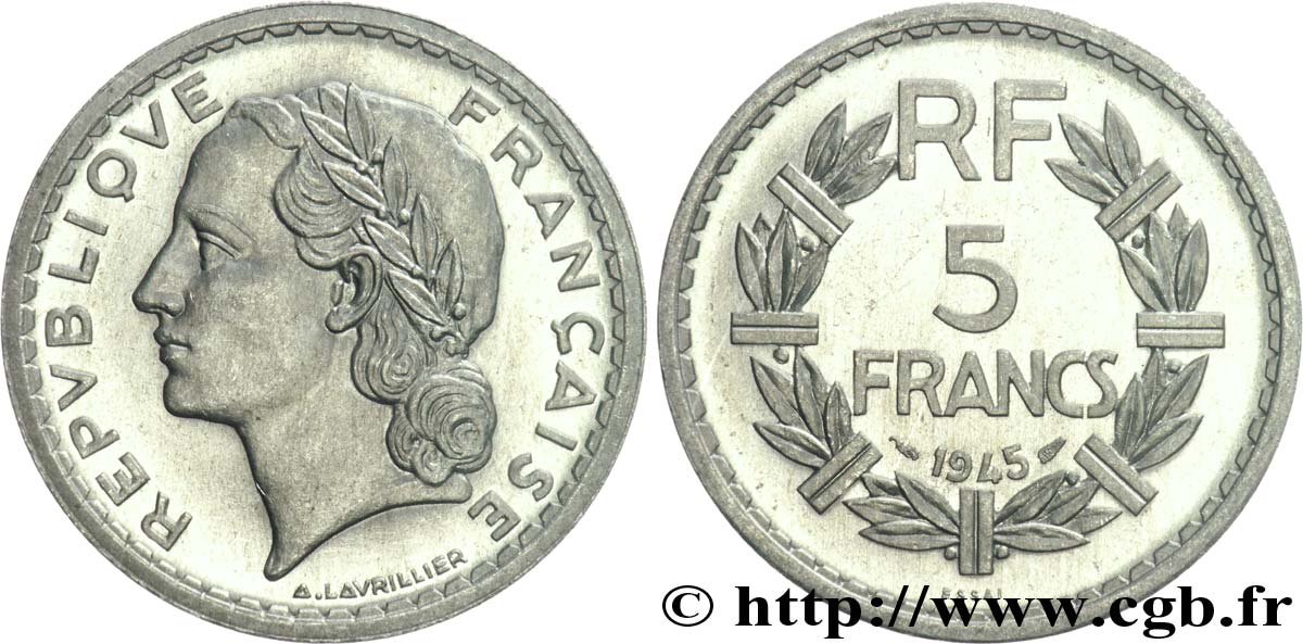 Essai de 5 francs Lavrillier, en aluminium, poids lourd 1945 Paris F.339/1 var. SC 