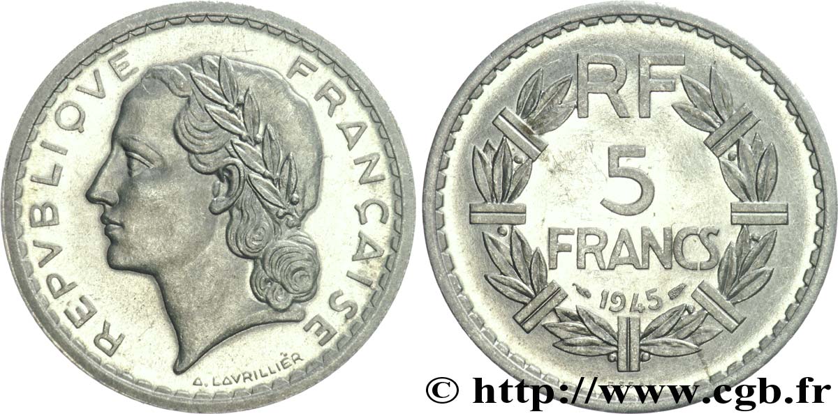 Essai de 5 francs Lavrillier, en aluminium, poids standard 1945 Paris F.339/1 SPL 