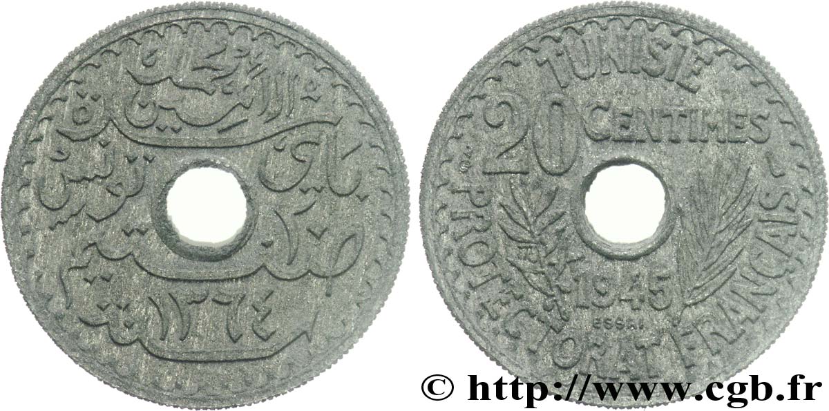 PROVISIONAL GOVERNEMENT OF THE FRENCH REPUBLIC - TUNISIA - FRENCH PROTECTORATE Essai de 20 centimes AH 1364 = 1945 Paris AU 