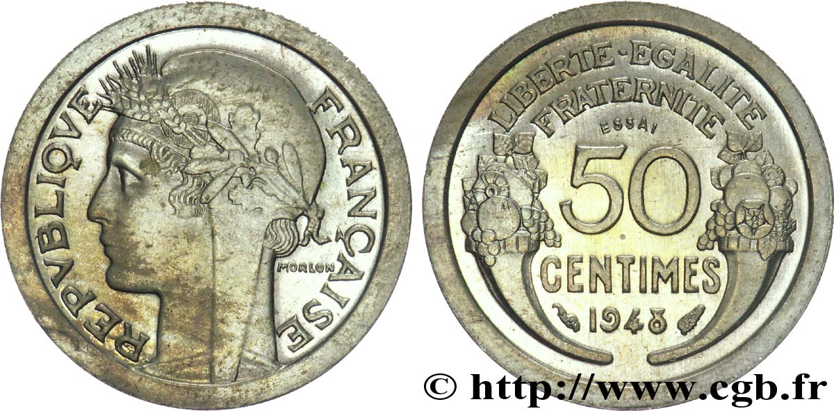 Essai léger et étroit de 50 centimes Morlon en cupro-nickel (?) 1948 Paris Maz.cf. 2751 (1946) SC 