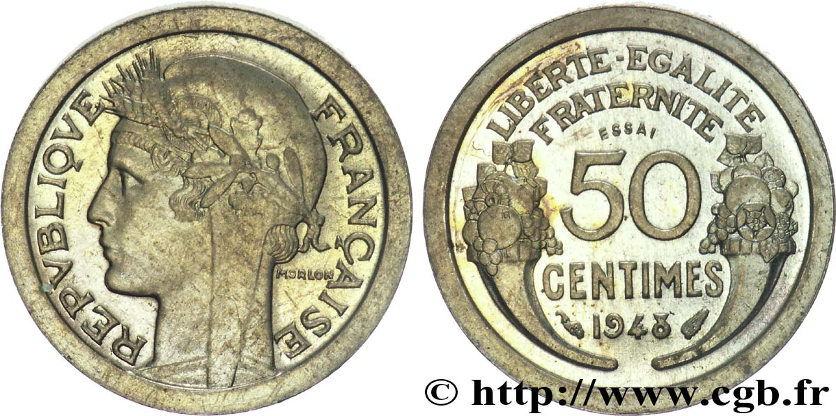 Essai lourd et étroit de 50 centimes Morlon en cupro-nickel (?) 1948 Paris Maz.cf. 2751 (1946) SC 