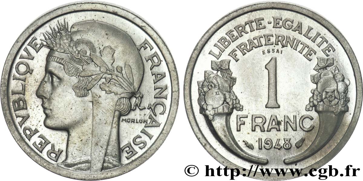 Essai de 1 franc Morlon cupro-nickel, poids moyen à 6 g 1948 Paris F.221/13 var. SPL 