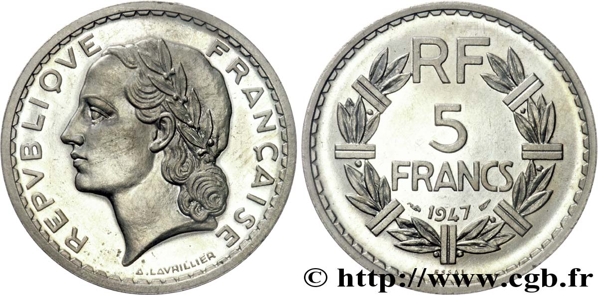 Essai de 5 Francs Lavrillier, poids intermédiaire 1947 Paris G.-  MS 