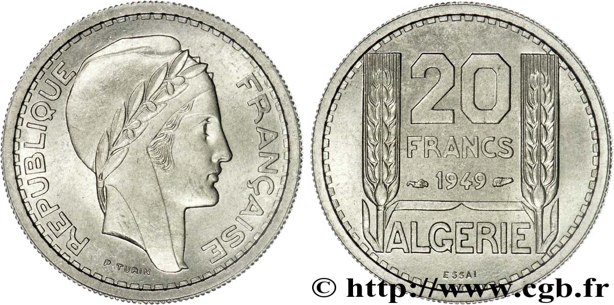 ALGERIEN Essai de 20 francs Turin 1949 Paris ST 