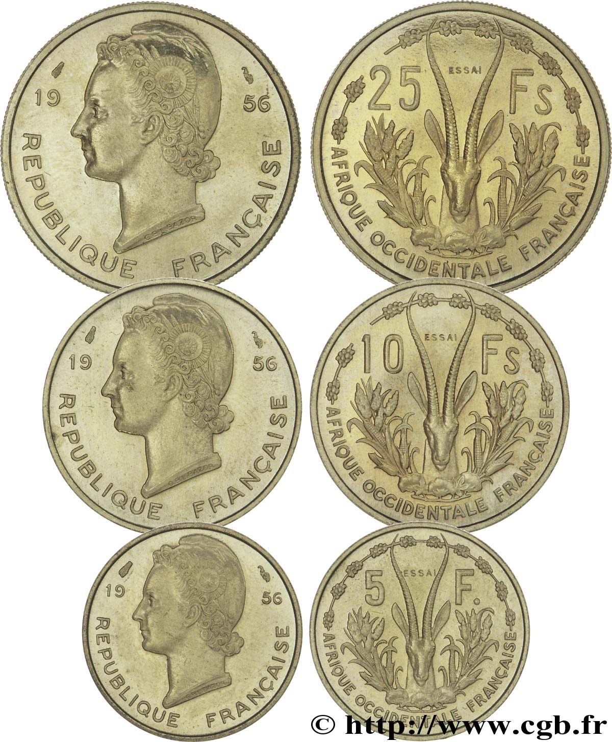 FRANZÖSISCHE WESTAFRIKA Boîte de 5, 10 et 25 francs ESSAI 1956 Paris ST 