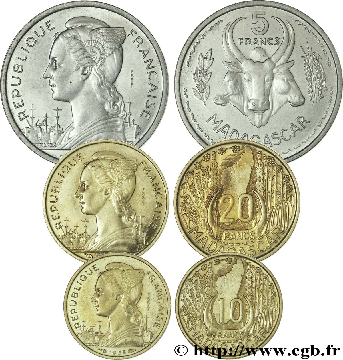 MADAGASCAR - UNION FRANCESE Boîte de 5, 10 et 20 francs ESSAI 1953 Paris MS 