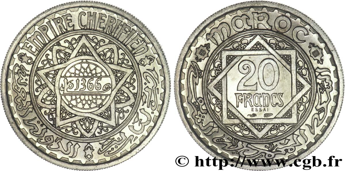 MARUECOS Essai de 20 francs, poids normal. AH 1366 1947 (1366) Paris FDC 