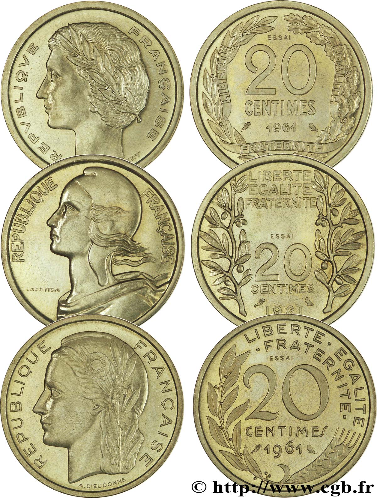 Boîte de 3 essais de 20 centimes 1961, Dieudonné, Lagriffoul et Robert 1961 Paris G.328  MS 