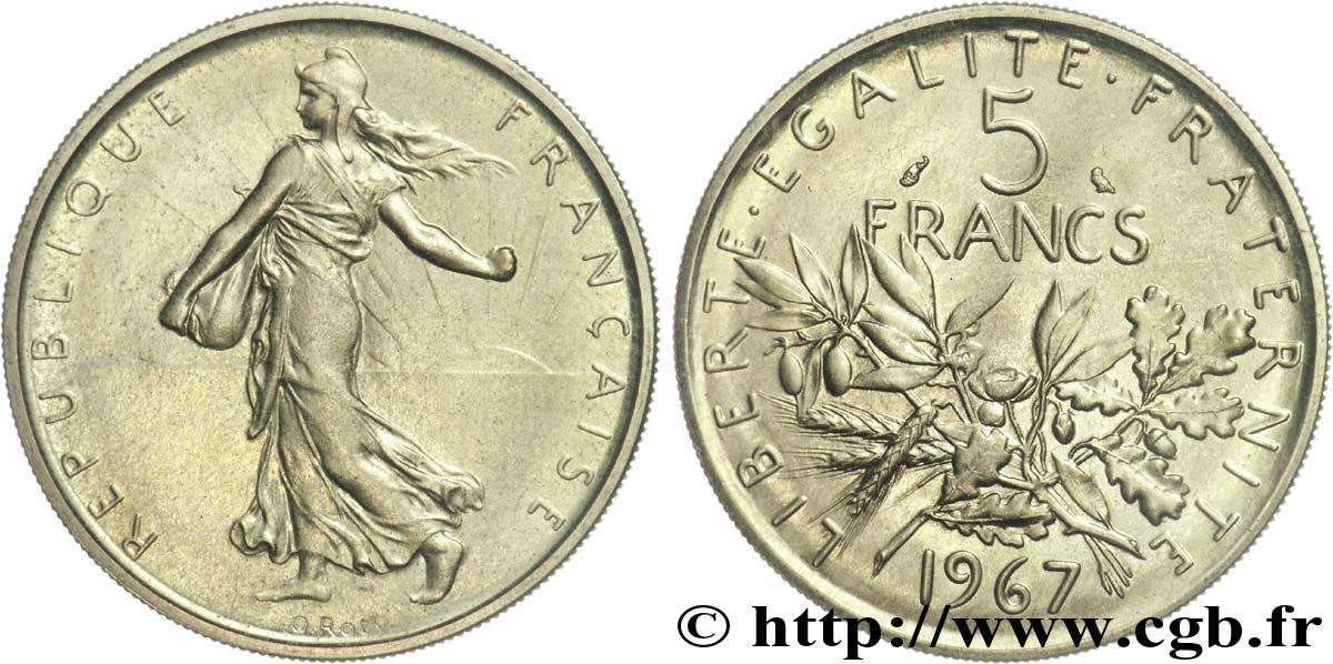 Pré-série de 5 francs Semeuse en nickel cuivré ou doré, léger 1967 Paris G.-  SPL 