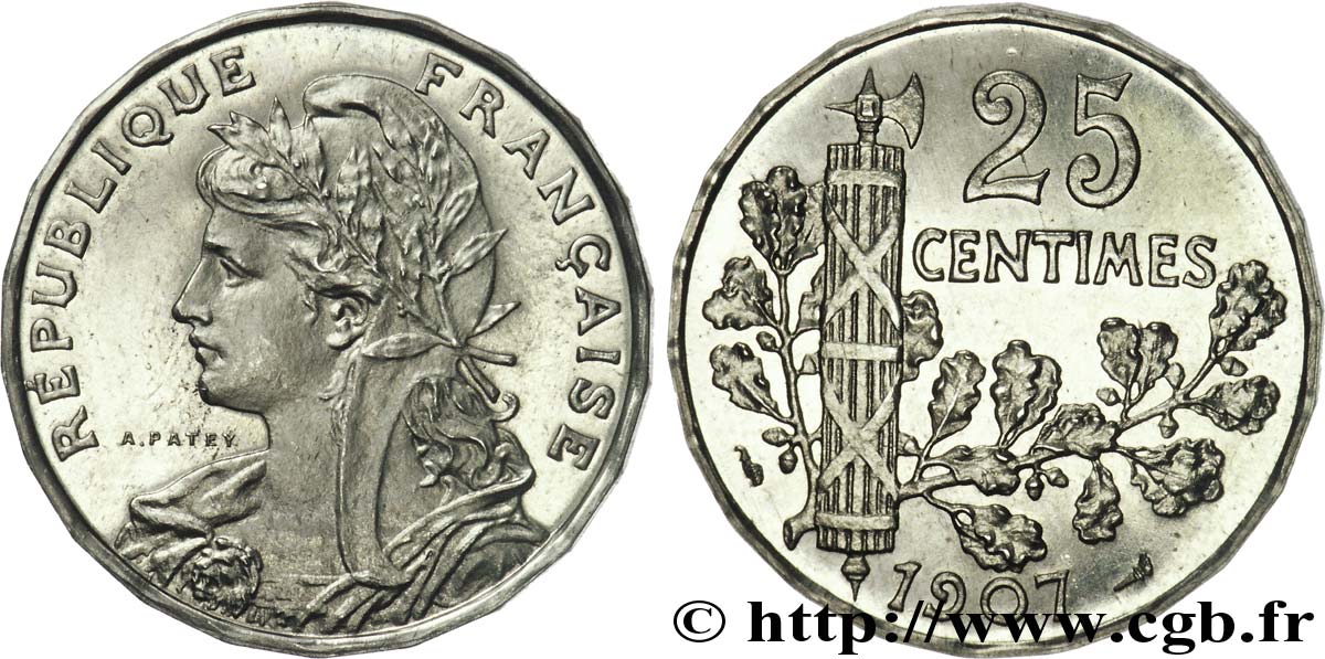 Concours de 1973, essai de 2 francs au type de la 25 centimes Patey, nickel, lourd 1907 Paris G.-  MS 