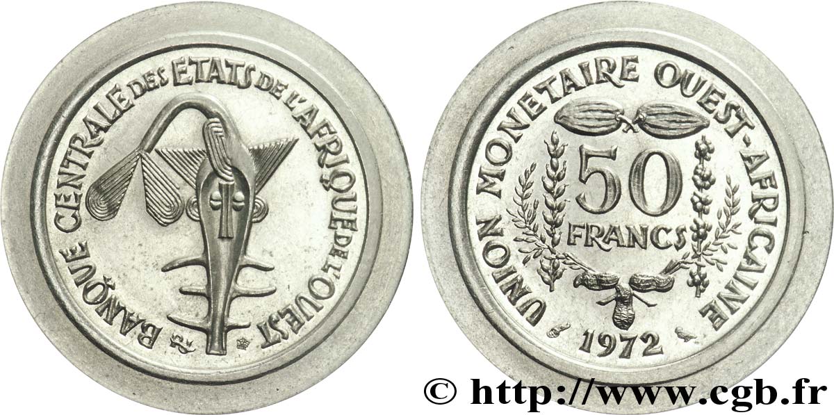 Essai de frappe pour la 2 francs Semeuse Nickel à des coins de 50 francs 1972 BCEAO 1973 Paris  FDC 